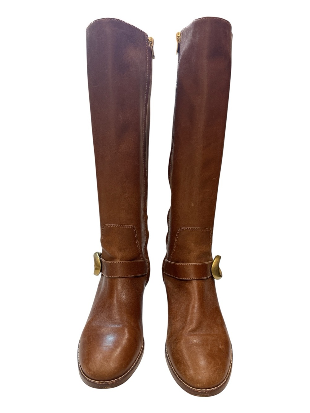 COACH G3102 Sofia Leather Riding Boots Cognac Brown Gold Buckle Size 8B